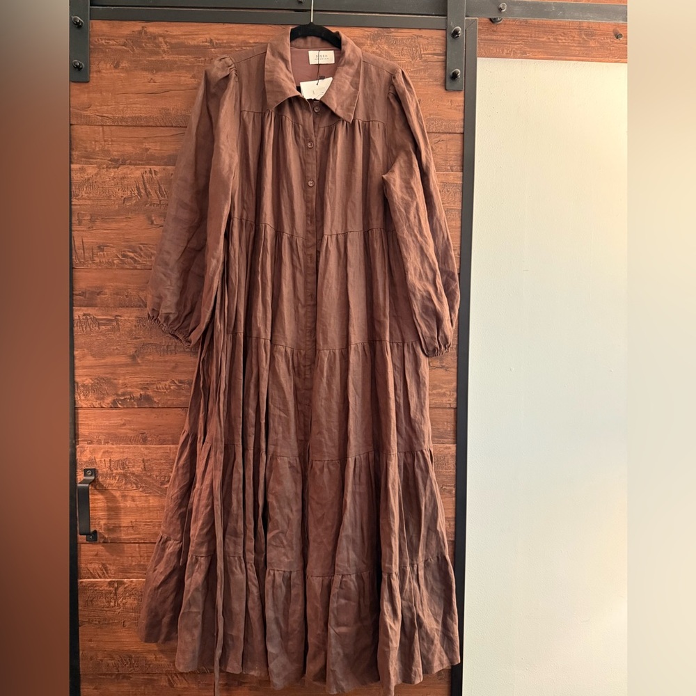 DISSH Brown Bishop Sleeve Sundress with Notched Collar